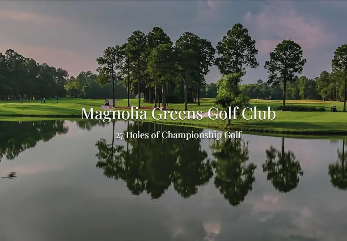 A scenic view of a golf course with lush greens bordering a reflective pond, sprinkled with mature trees and a sunset glow. Golfers and walkers enjoy the open landscape, adding a sense of leisurely activity and nature appreciation.