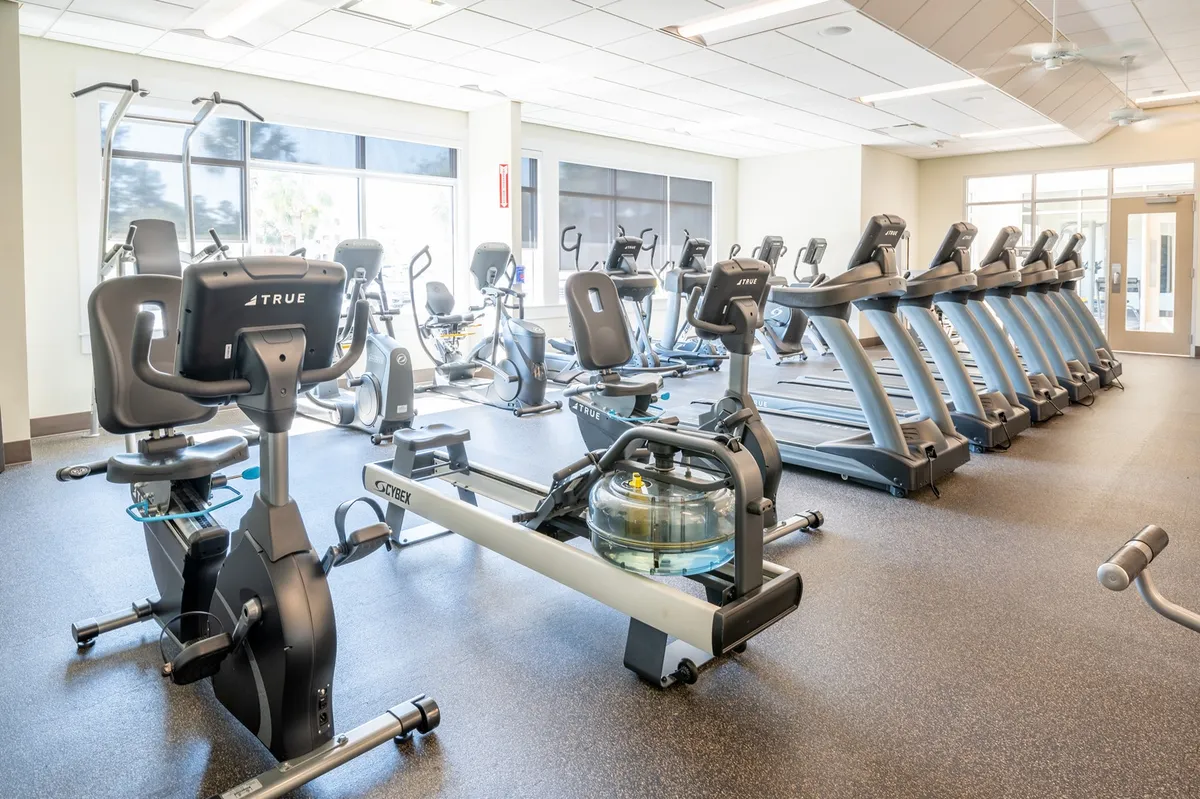 A spacious, modern fitness center filled with various exercise machines and large windows that flood the room with natural light. The open layout encourages both individual workouts and group fitness sessions.